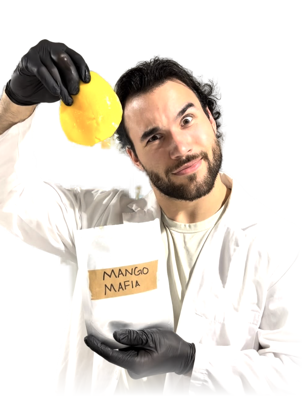 Josh, the Mango Man, in a lab coat holding up a slice of mango and a Mango Mafia bag